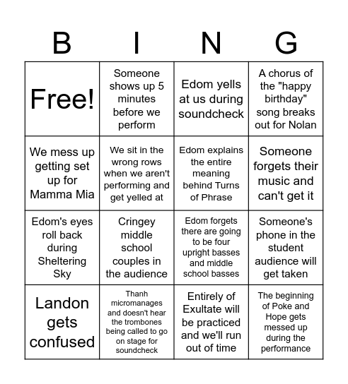 Spring Concert Bingo Card