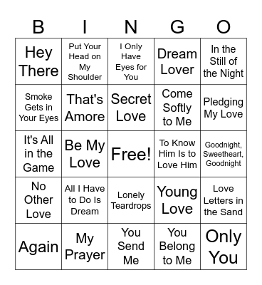 50's Love Songs Bingo Card