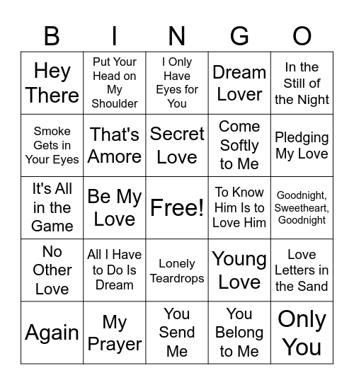 50's Love Songs Bingo Card