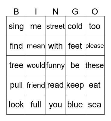 Spelling/Sight Word Bingo Card