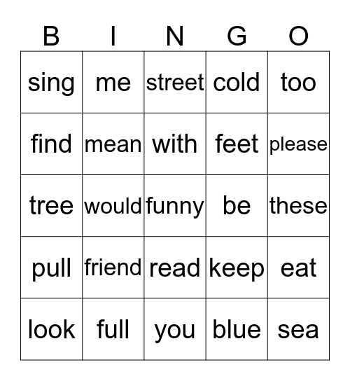 Spelling/Sight Word Bingo Card