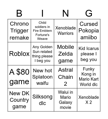 Nintendo Direct Bingo Card