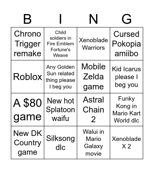 Nintendo Direct Bingo Card