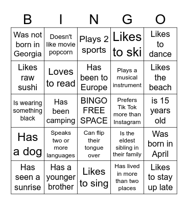 8th Grade Bingo Card