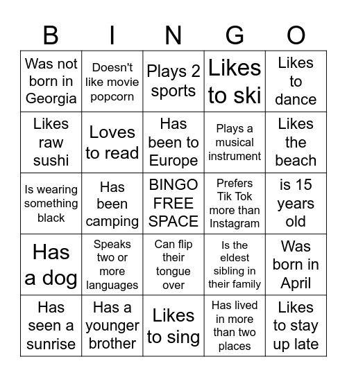 8th Grade Bingo Card