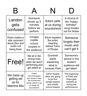 Spring Concert Bingo Card