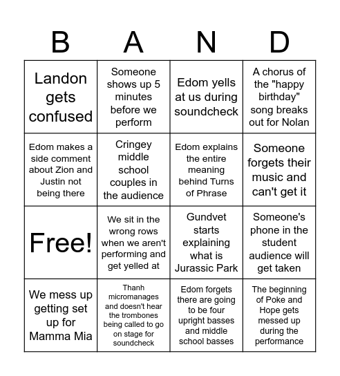 Spring Concert Bingo Card