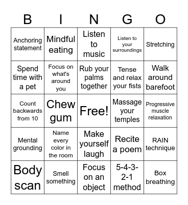 Mindfulness skills Bingo Card