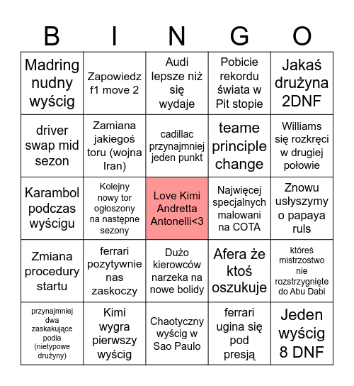 F1 2026 Bingo Card