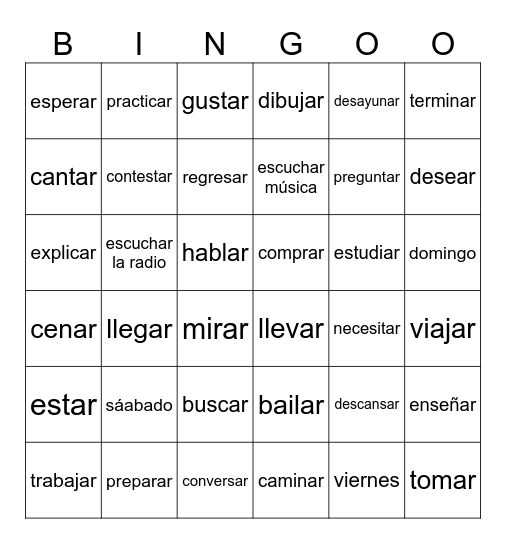 -AR ending verbs Bingo Card