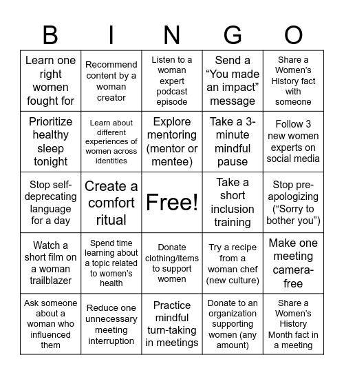 Women's History Month Bingo Card