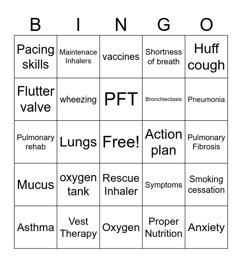 Pulmonary Rehab BINGO Card