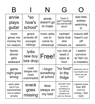 spring break Bingo Card