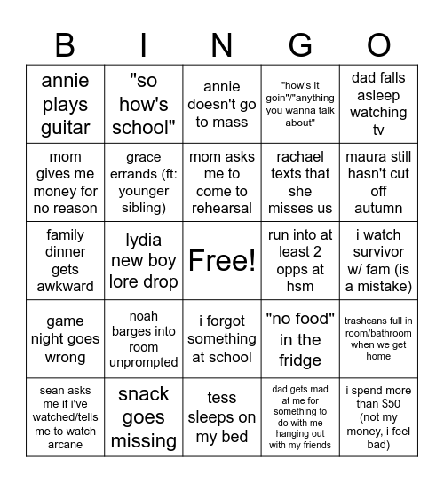 spring break Bingo Card