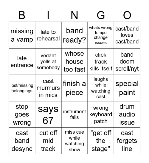 dress rehearsal Bingo Card