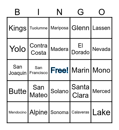 California Counties Bingo Card