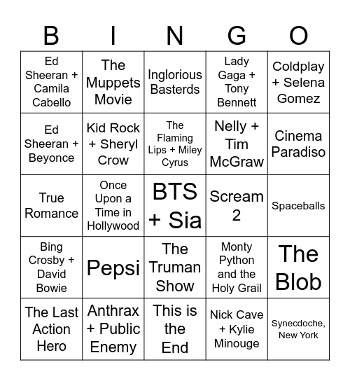 Weird Duets, 4th Wall, & Movies n the Movies Bingo Card