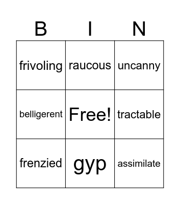 Vocabulary Bingo Card