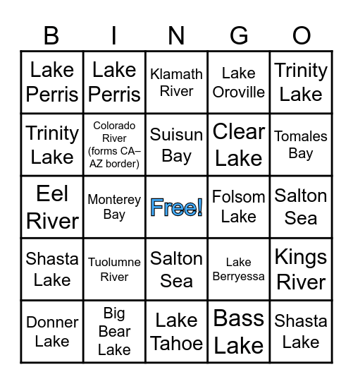 California Bodies of Water Bingo Card