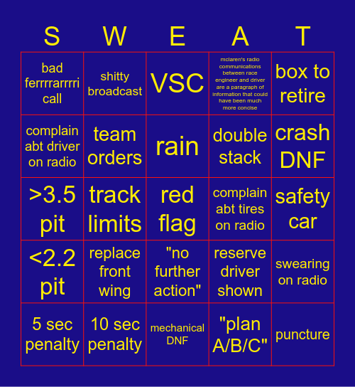 NO MORE RADIO FOR THE REST OF THE RACE Bingo Card