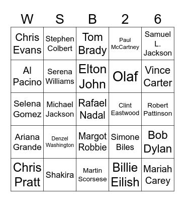 Celebrity Bingo Card