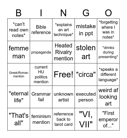 Art History Bingo Card