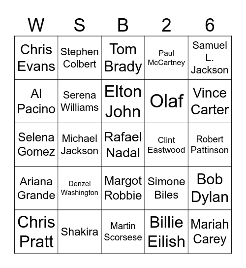 Celebrity Bingo Card