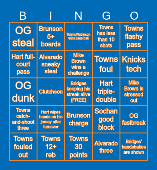 NEW YORK KNICKS GAMEDAY Bingo Card