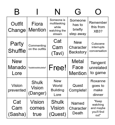 Xenoblade Stream Bingo Card
