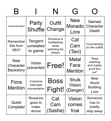 Xenoblade 1 Bingo Card