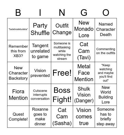 Xenoblade 1 Bingo Card