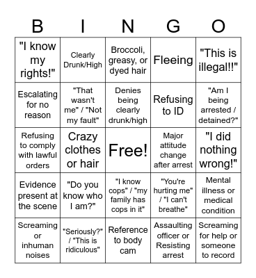 Silly Police Body Cam Bingo! Bingo Card