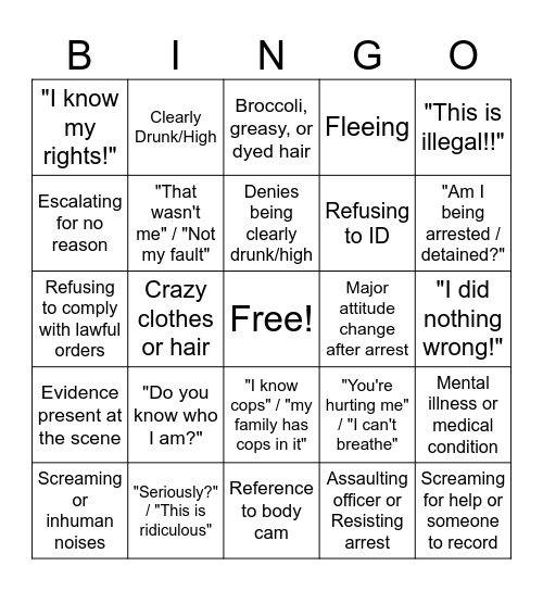 Silly Police Body Cam Bingo! Bingo Card