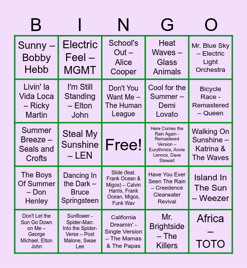 SRING-O (Spring and Summer Vibes Playlist) Bingo Card