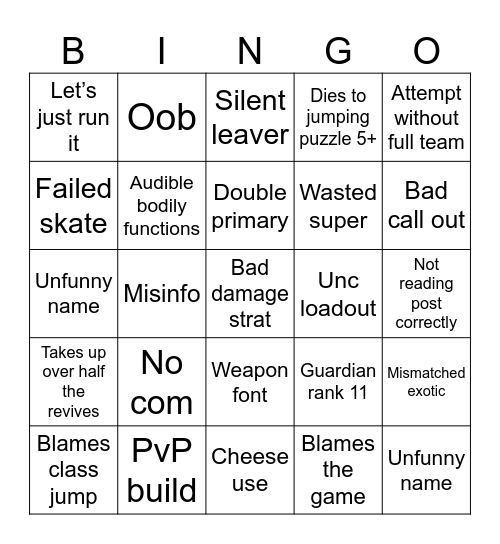 Destiny 2 LFG Bingo - Renegades Bingo Card