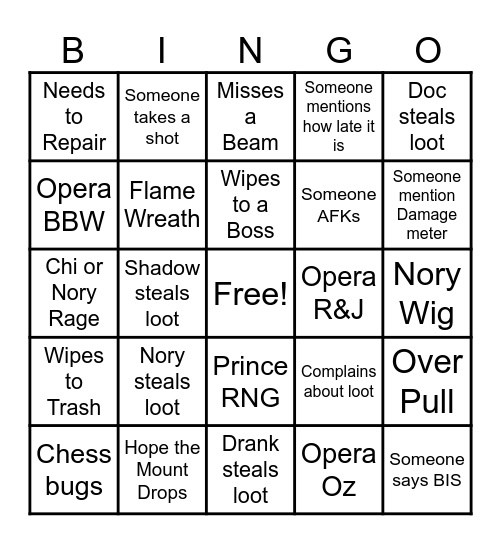 Karahzan Raid BINGO Card