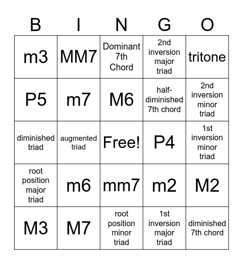 Interval, Triad and Seventh Chord BINGO Card