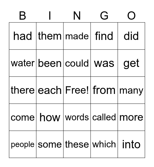 Sight Word Bingo Card
