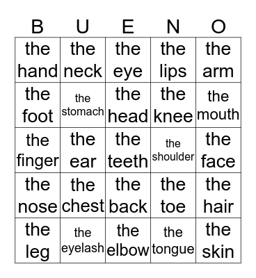 Exploratory Spanish Body Bingo Card