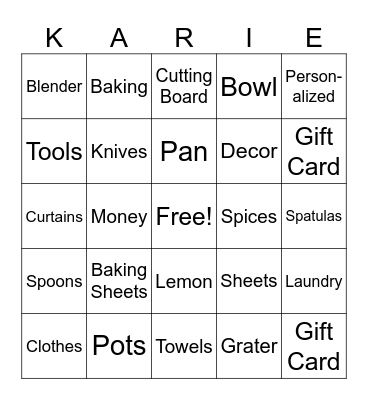 Karie's Shower Bingo Card
