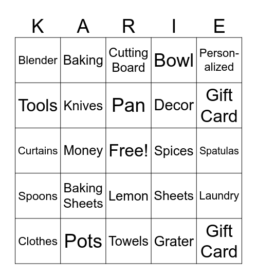 Karie's Shower Bingo Card