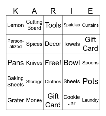 Karie's Shower Bingo Card