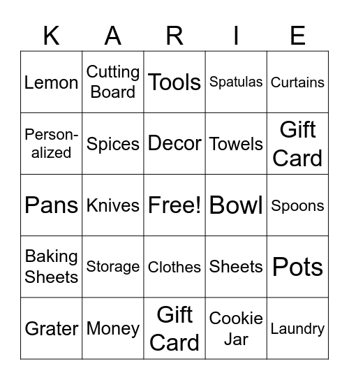 Karie's Shower Bingo Card