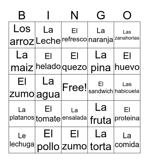 La comida bingo Card