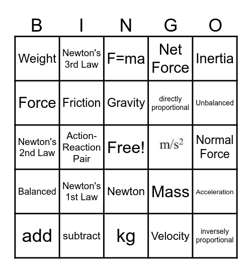 Newton's Laws Bingo Card