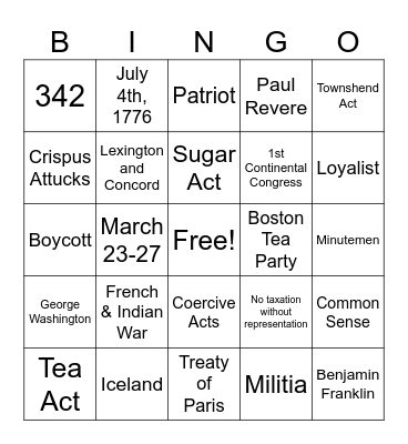American Revolution #1 Bingo Card