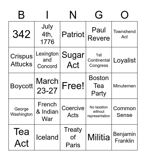 American Revolution #1 Bingo Card