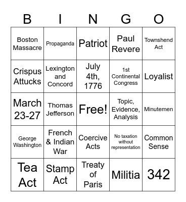 American Revolution #2 Bingo Card