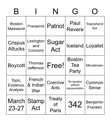 American Revolution #3 Bingo Card