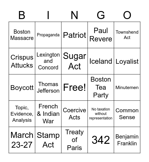 American Revolution #3 Bingo Card